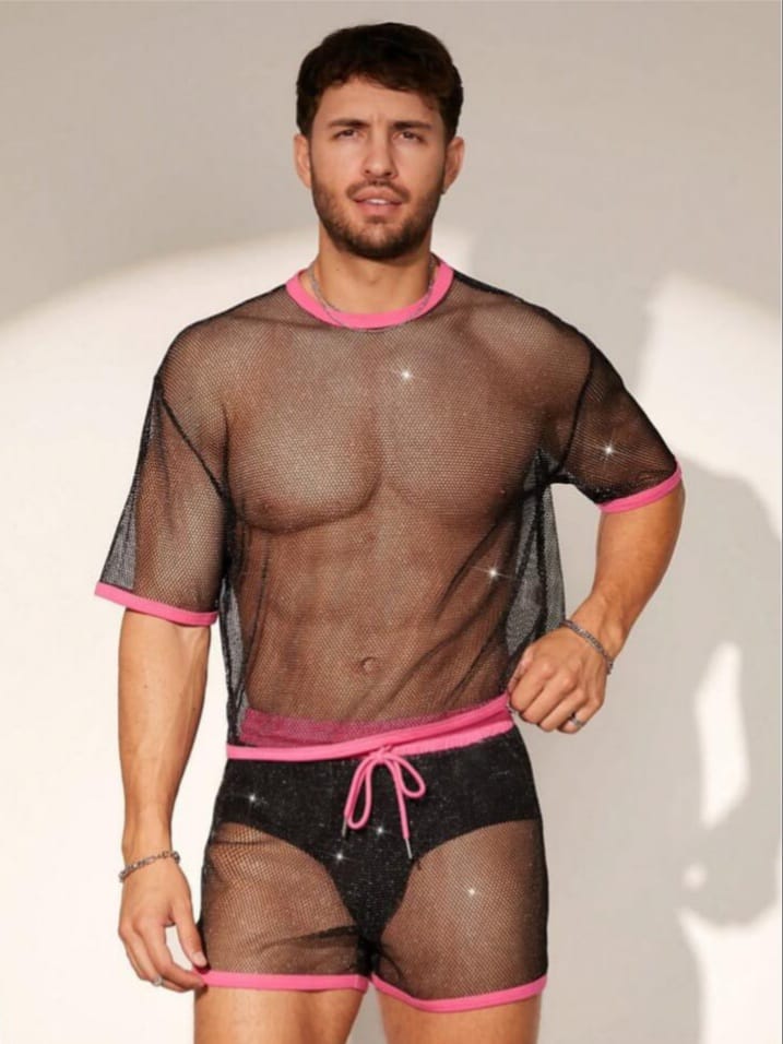 Men's Mesh Loose Fit Sexy Sleepwear T-shirt & Short Set3